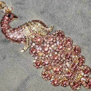 Elegant Gold with Pink Crystals Rhinestones Peacock Keychain Bag Charm NWT